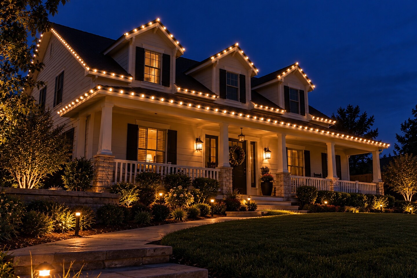 Professional christmas lights in Placerville, CA: porch house warm white dormers dusk
