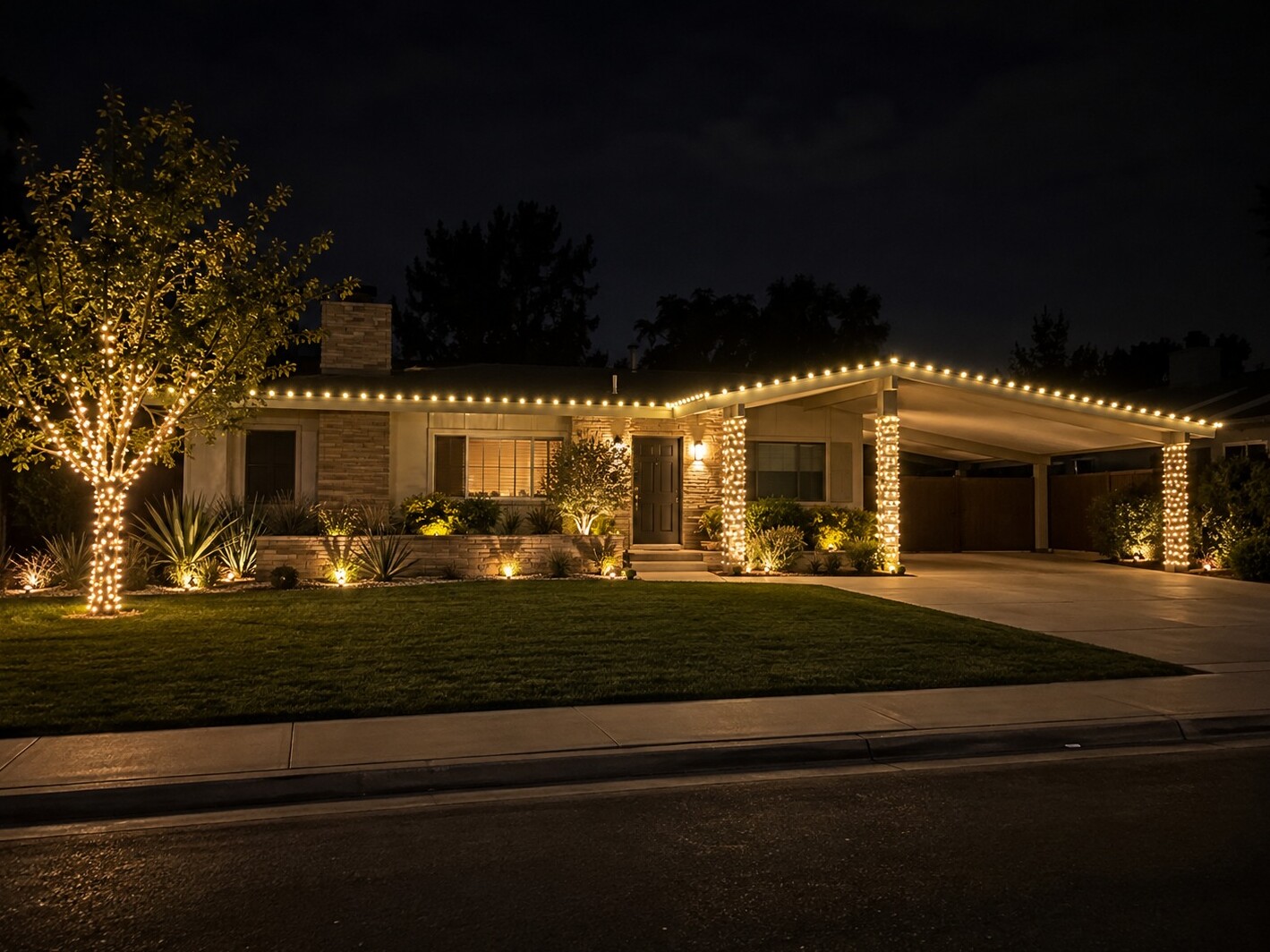 Residential christmas lights in Auburn, CA: midcentury ranch carport warm white roofline