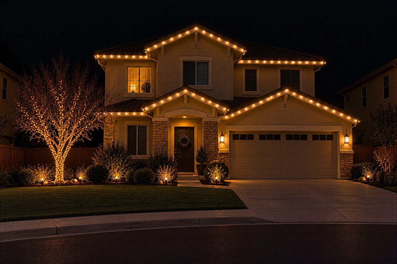 Residential christmas lights in El Dorado Hills, CA: culdesac two story warm white myrtle