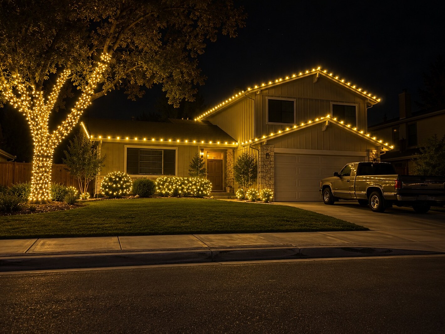 Residential christmas lights in Galt, CA: split level oak wrap c9 warm white