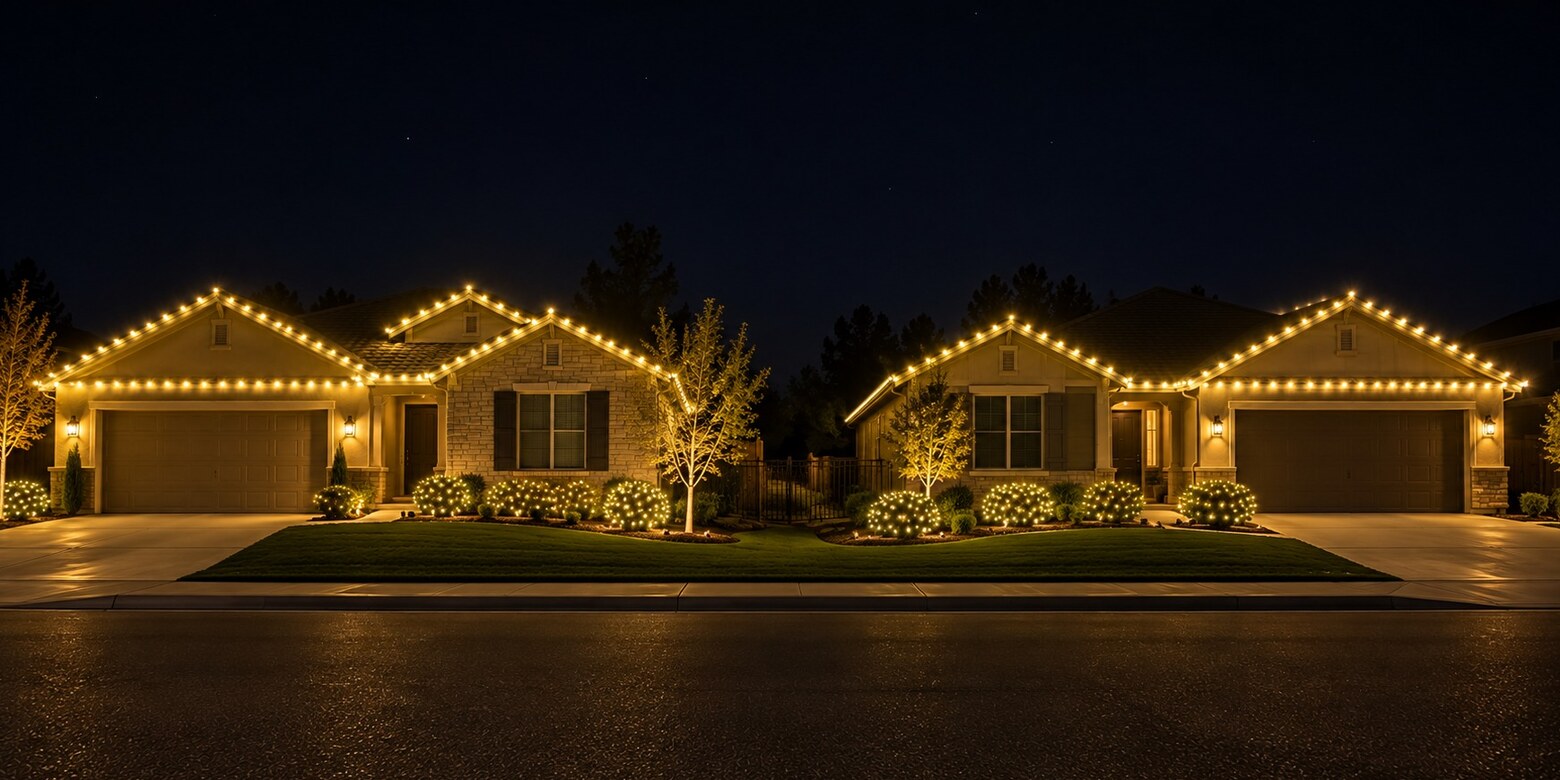 Residential christmas lights in Granite Bay, CA: two neighbor homes street c9 warm white