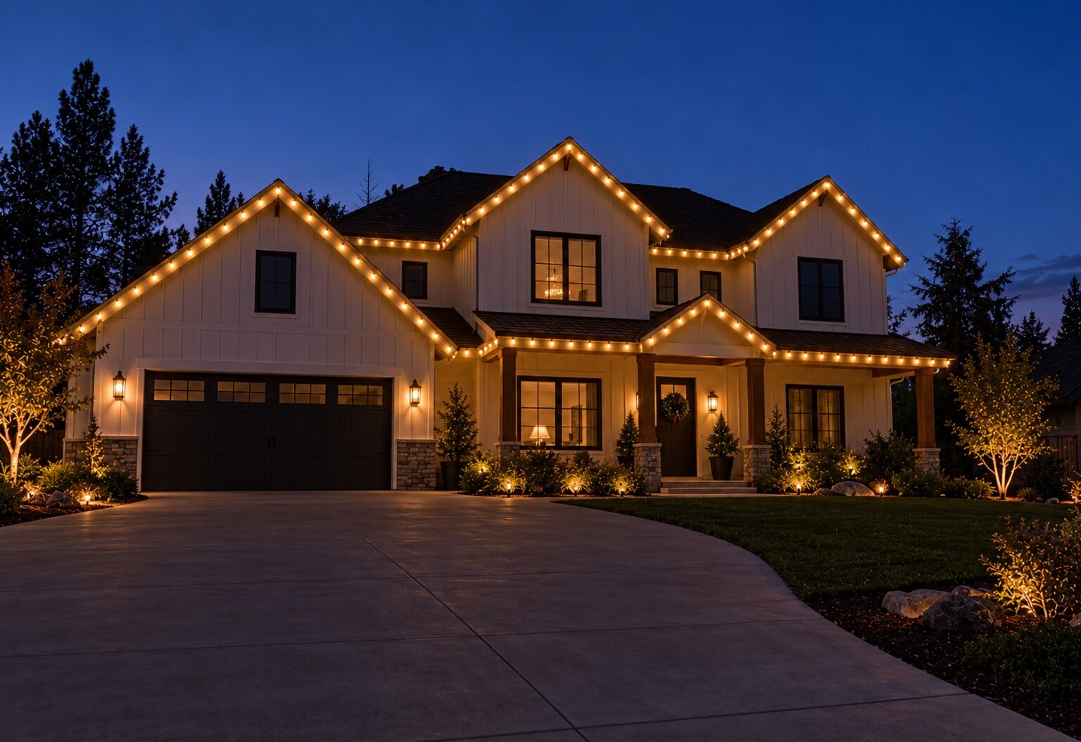 Residential christmas lights in Placerville, CA: farmhouse two story warm white bluehour